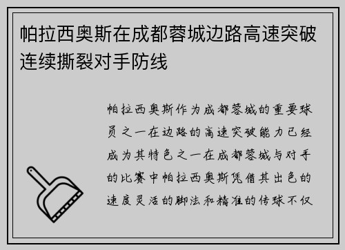 帕拉西奥斯在成都蓉城边路高速突破连续撕裂对手防线